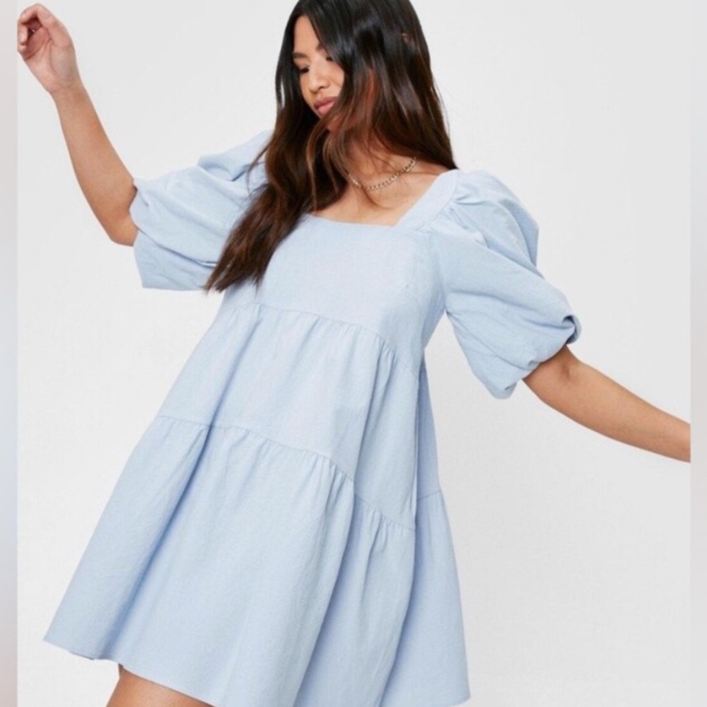 Nasty Gal Linen Look Puff Sleeve Smock Tiered Mini Dress Size Large NEW - Picture 2 of 6